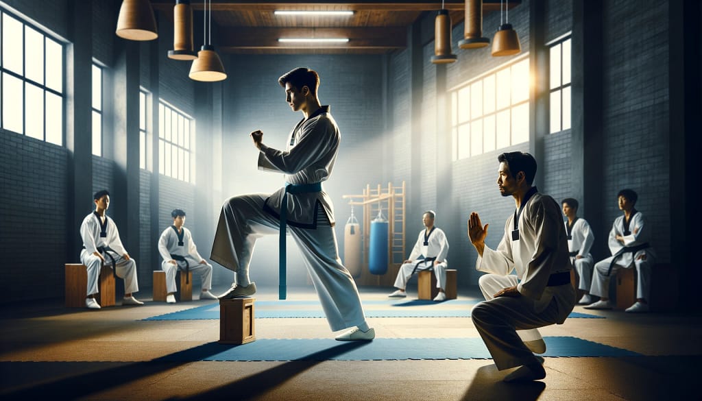 Taekwondo instructor demonstrating a poomsae sequence in a traditional dojo setting, embodying focus and discipline.