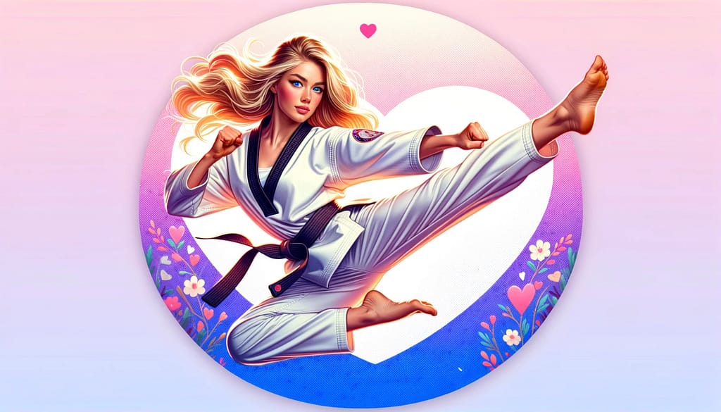 Valentine's Day themed Taekwondo4Fitness shop display featuring a variety of Taekwondo equipment and accessories such as uniforms, gloves, and training gear, decorated with red and pink hearts and ribbons.