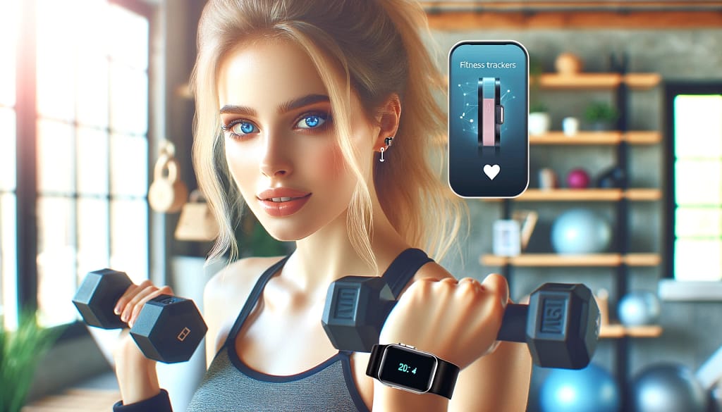 Promotional image for Smart Fitness Trackers, displaying a range of sleek, wearable devices on an active background, illustrating their capability to monitor health, track activities, and sync with various fitness apps for an enhanced active lifestyle.