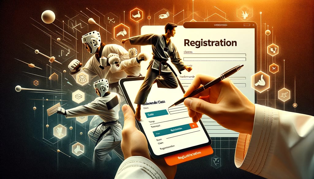A person registering for Taekwondo classes online, with dynamic Taekwondo imagery in the background, symbolizing the start of a martial arts journey.