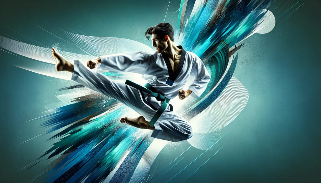 Dynamic Taekwondo practitioner executing a mid-kick in traditional attire against an energetic abstract background.