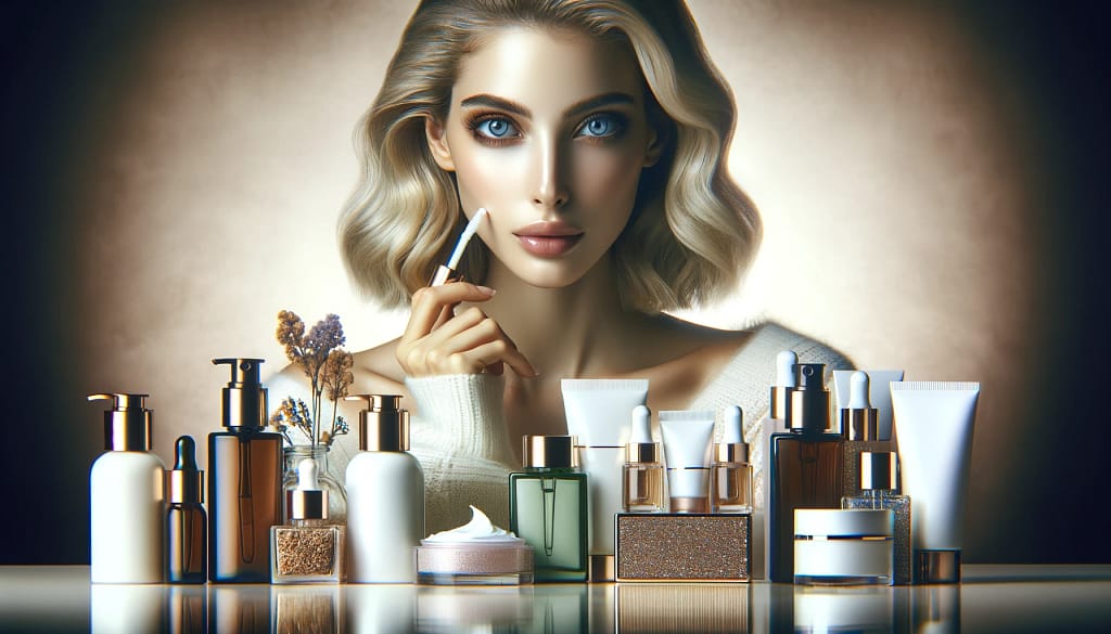 A sophisticated young blonde woman with captivating blue eyes applies a premium facial serum, surrounded by an array of customer-favorite beauty products.