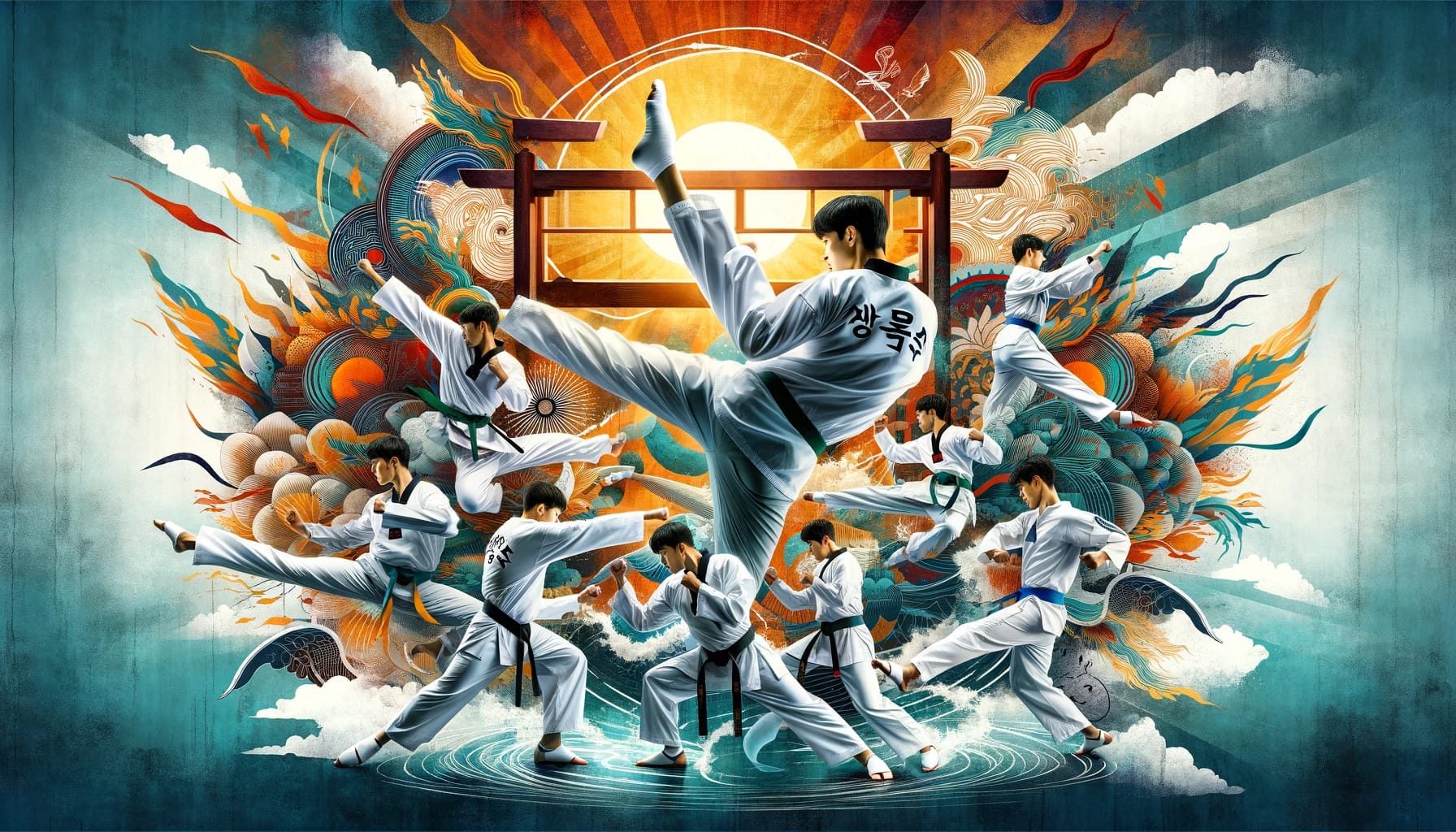 Taekwondo Kicks - Collage of Taekwondo Techniques with Traditional Korean Artistry
