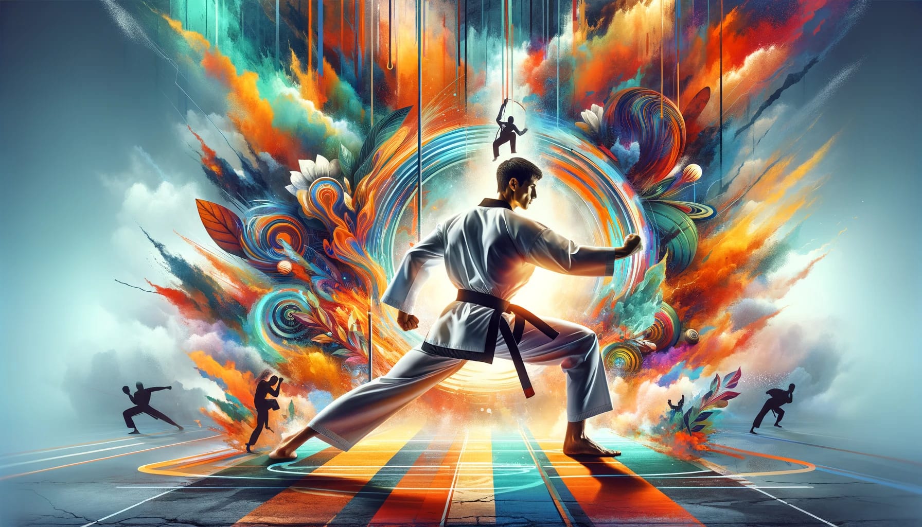 Dynamic representation of a person in a taekwondo stance, symbolizing the fusion of fitness and martial arts mastery, with vibrant colors emphasizing strength, health, and community.