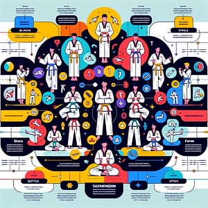 DALL·E 2023 11 21 15.03.02 An infographic showing the Taekwondo syllabus for various belt levels colorful and informative with icons representing different techniques and form