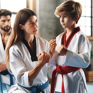 DALL·E 2023 11 21 15.06.51 A Taekwondo instructor providing feedback to a student during training in a dojo setting showing a constructive and focused learning environment