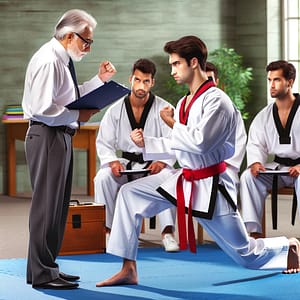 DALL·E 2023 11 21 15.07.33 A Taekwondo grading simulation with a student demonstrating techniques in front of examiners showing a realistic grading scenario in a dojo