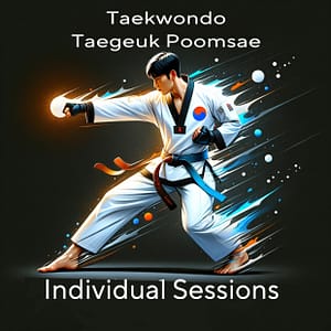 Taekwondo practitioner performing Taegeuk Poomsae with focused precision, symbolizing personalized training.