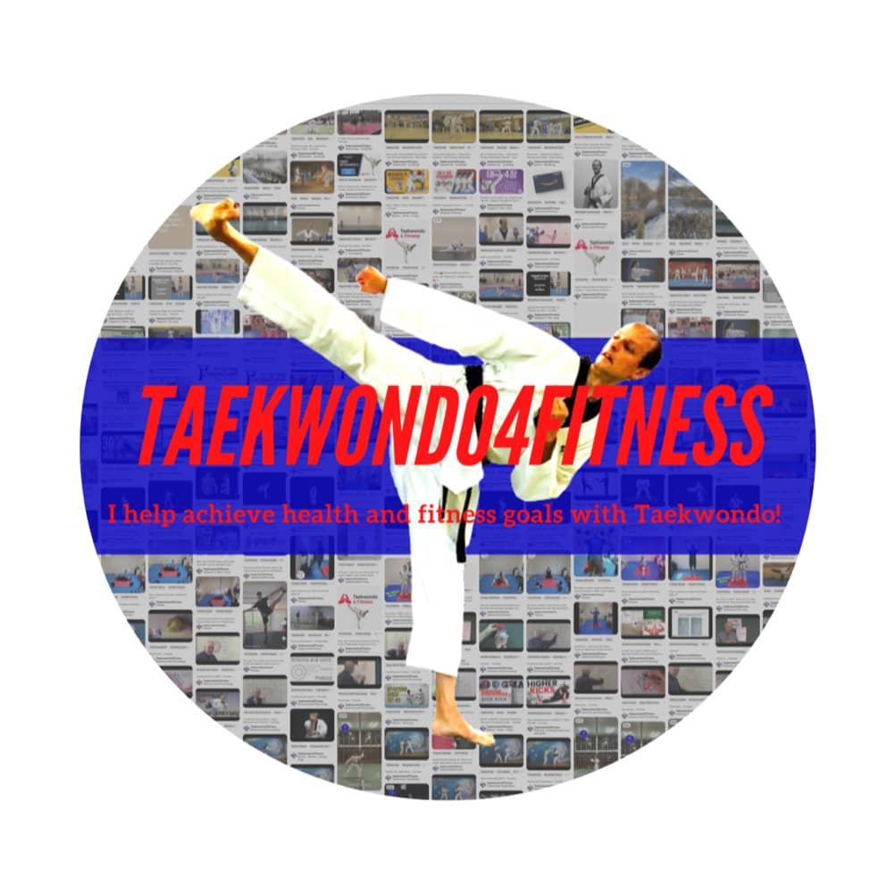 Logo of Taekwondo4Fitness featuring a stylized Taekwondo practitioner in mid-kick pose, encapsulating the spirit of martial arts discipline, fitness, and personal growth.